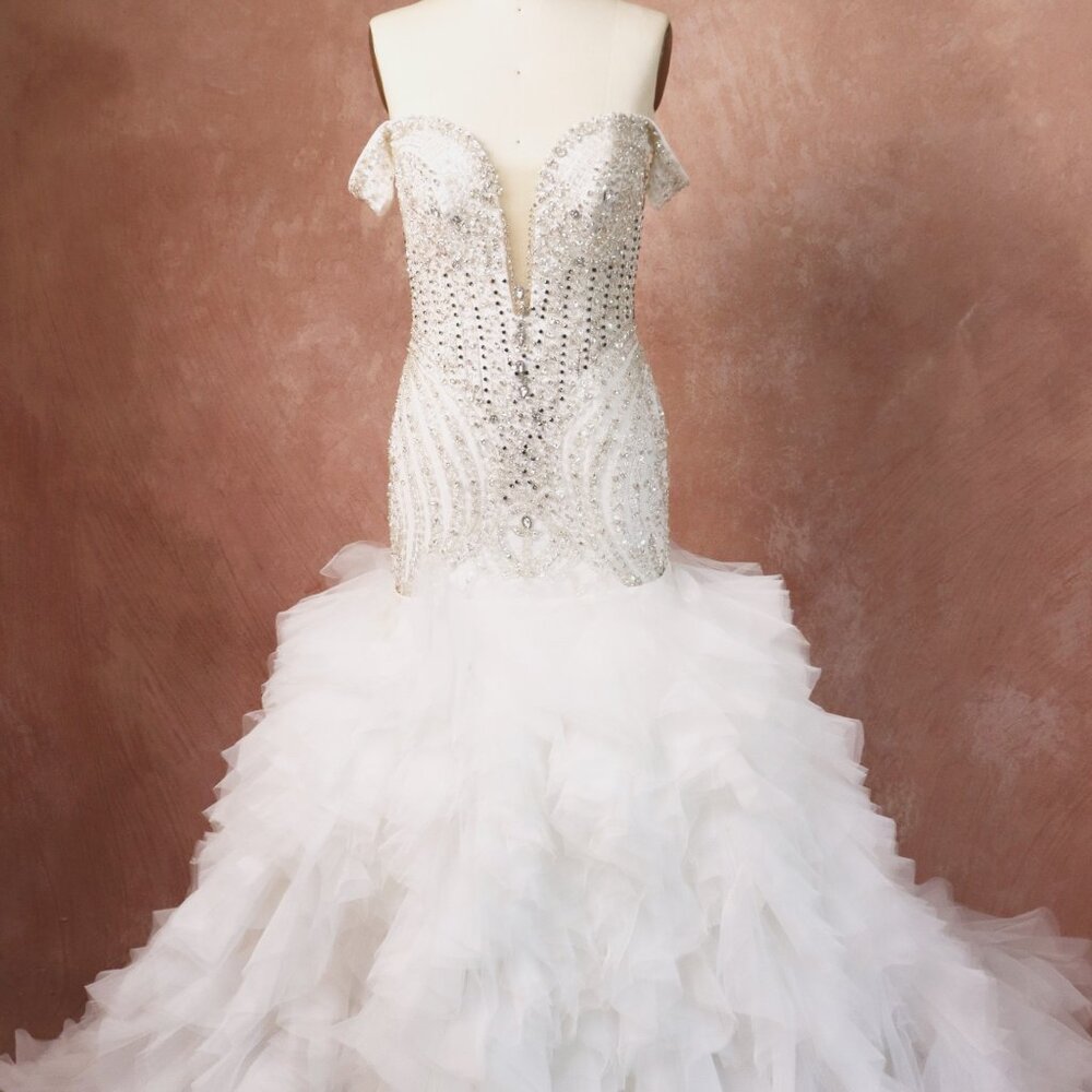 Darius Cordell - Off the Shoulder Fit-to-Flare Beaded Wedding Gown